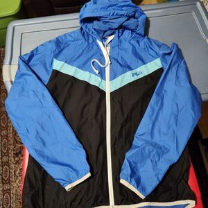 FILA Blue/Black Large Zip Hooded Windbreaker Mesh inside Aqua Chevron Stripe